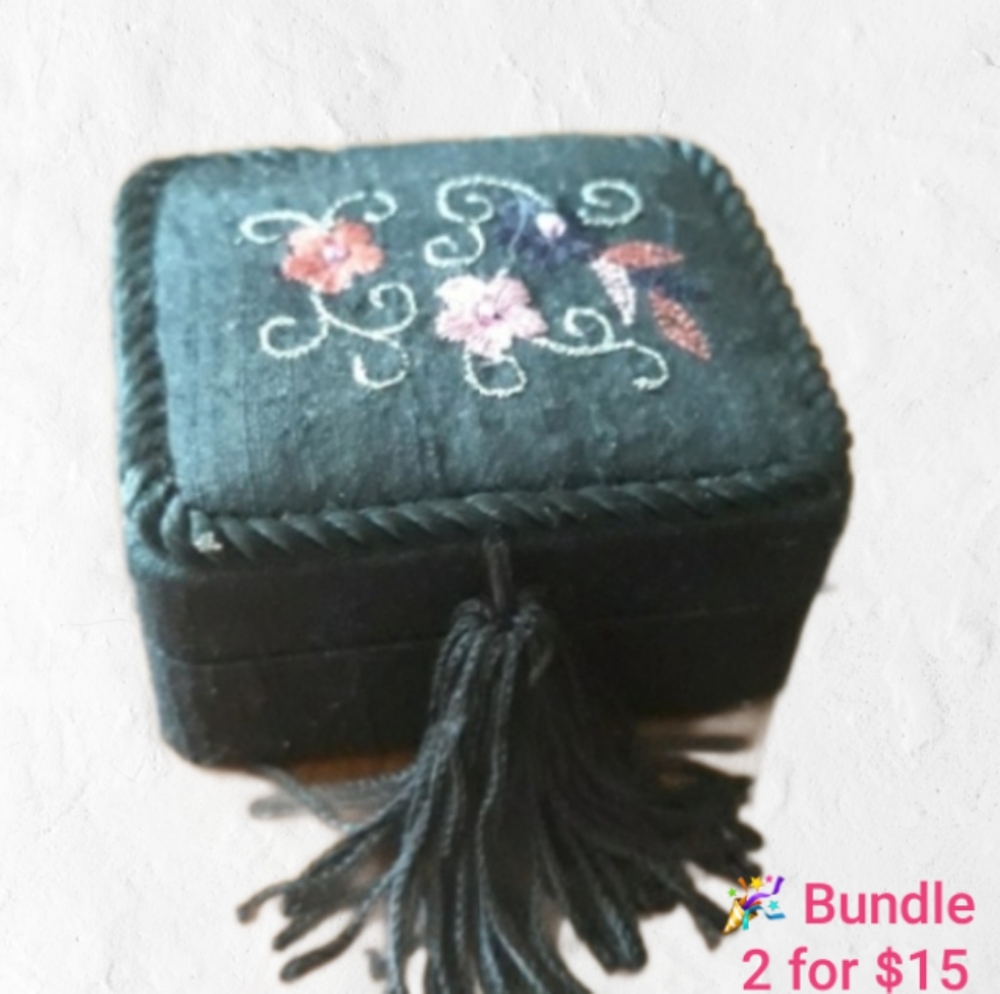 Black Fabric Ring Box Embroidered with Red and Pink Flowers